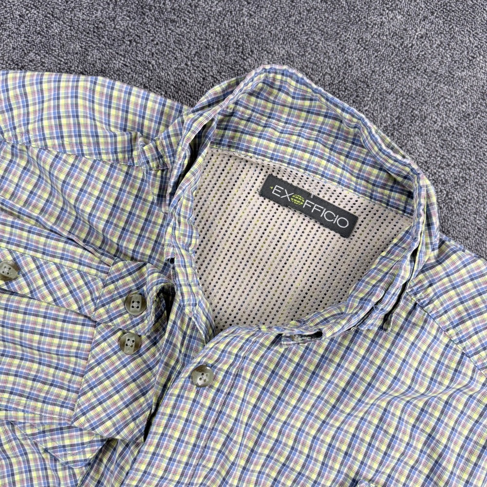 ExOfficio Mens Plaid Long Sleeve Ventilated Fishing Hiking Shirt Blue Yellow M